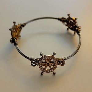 Gold Tone Rhinestone Ship's Wheel Nautical Bangle Cuff Statement Bracelet